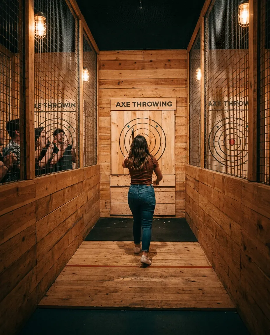 A group of friends cheering as an axe hits the bullseye in a warmly lit throwing lane
