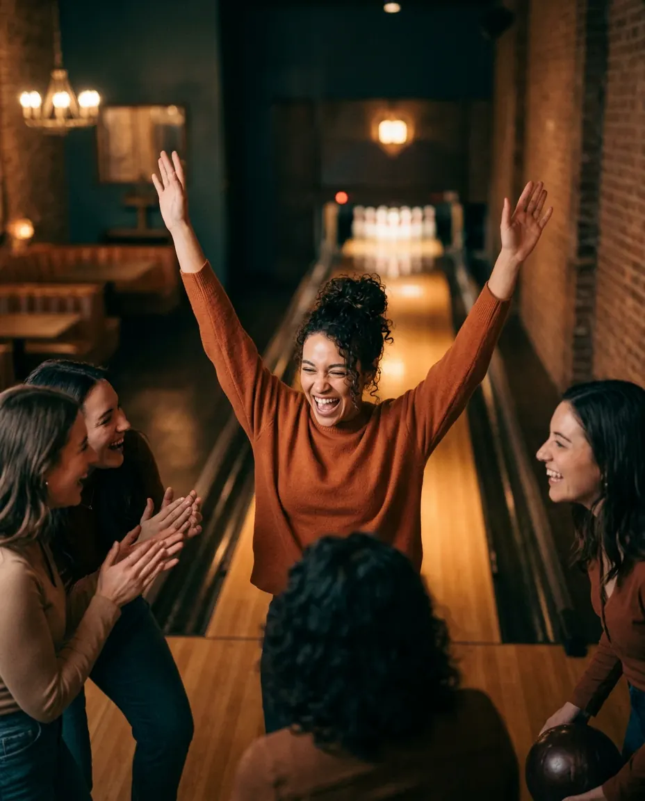 Friends celebrating a strike at a boutique bowling alley