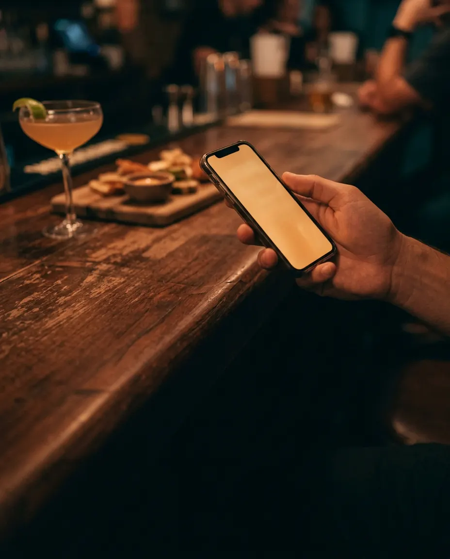 Someone booking on their phone at a bar