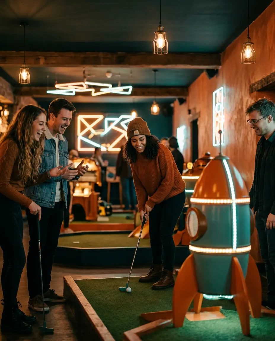 A group of friends laughing on an indoor crazy golf course with neon lighting