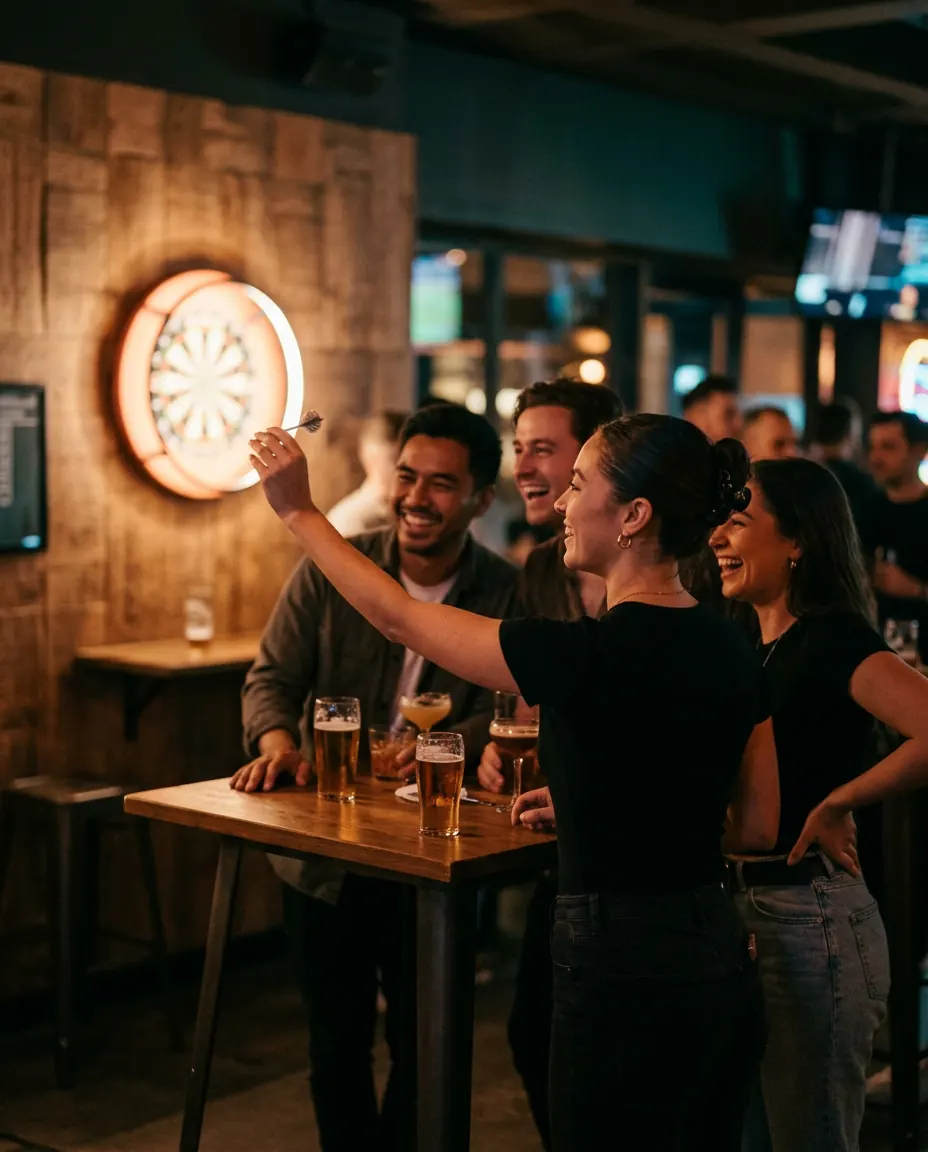 Friends laughing at a neon-lit darts oche with drinks on a high table beside them