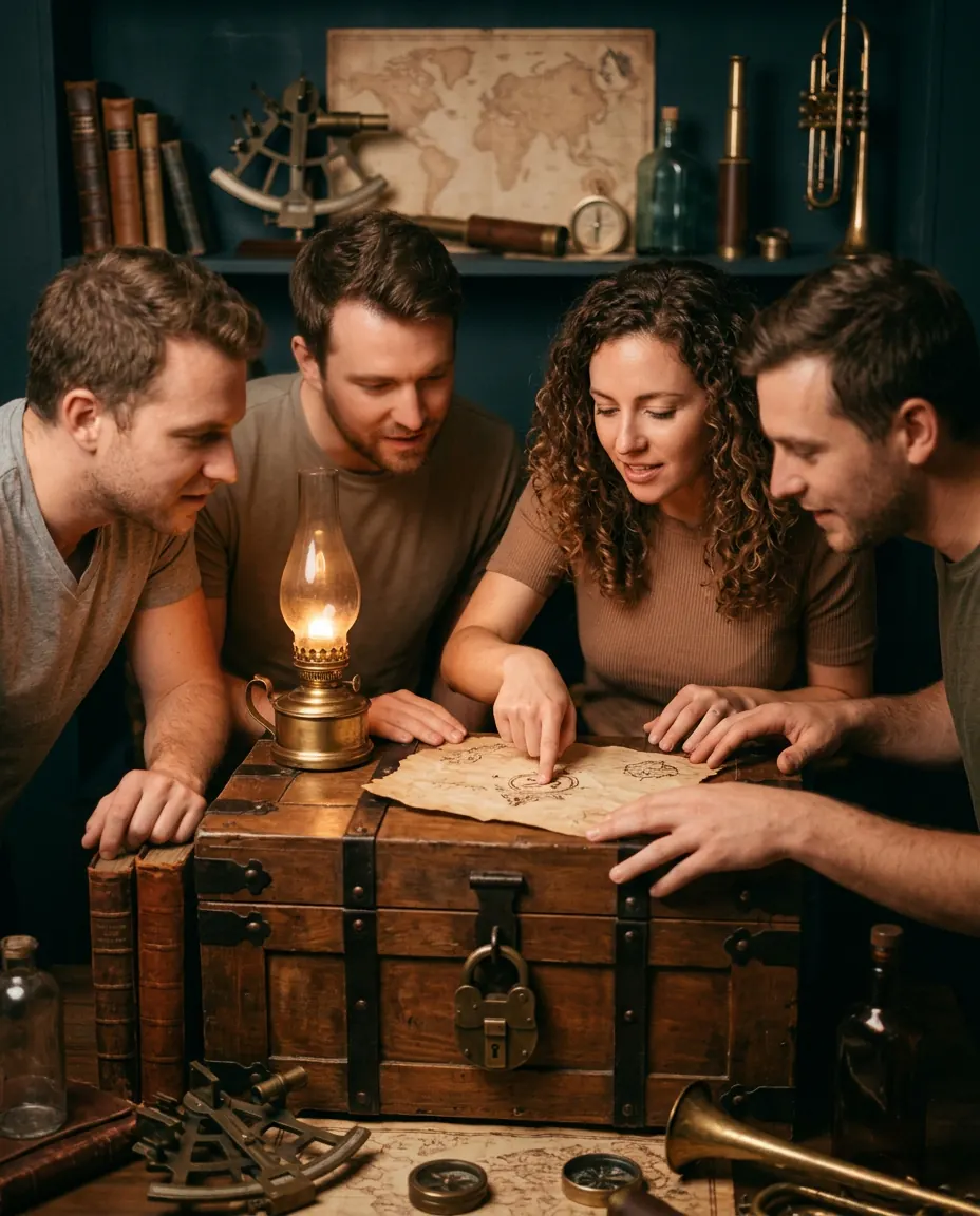 A team huddled over a padlocked chest by lamplight inside a themed escape room