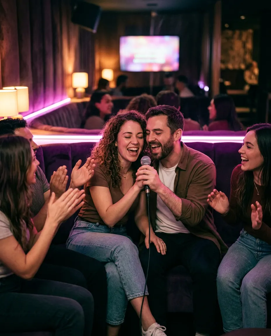 A group singing together in a private karaoke booth lit in pink and violet