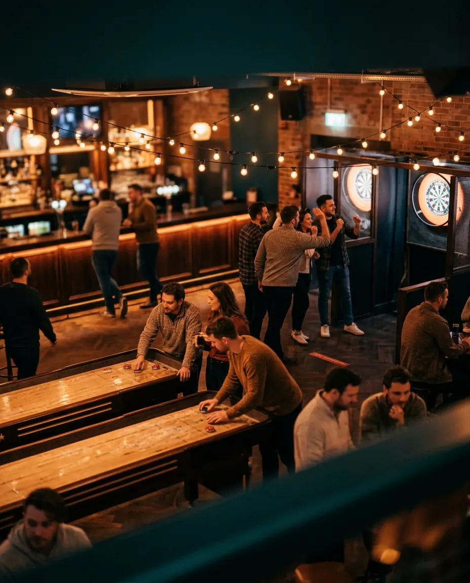 A busy social entertainment venue with shuffleboard, darts and a bar under festoon lights