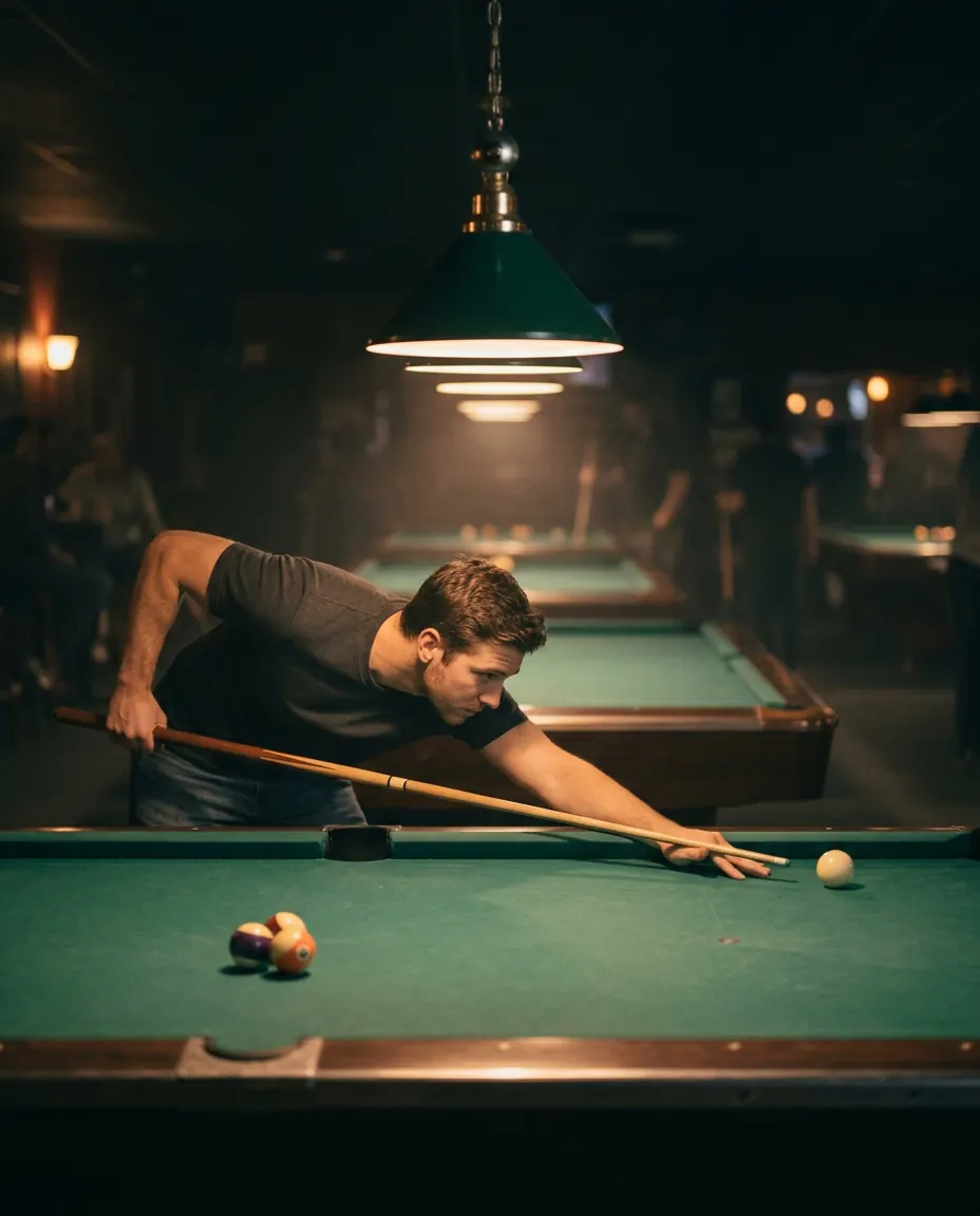 A low-lit pool hall with a player lining up a shot under a green-shaded lamp
